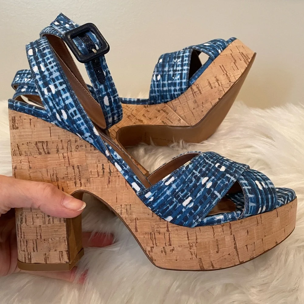 TABITHA SIMMONS gingham Elena blue NWT check cork platform volley 37 and 38.5